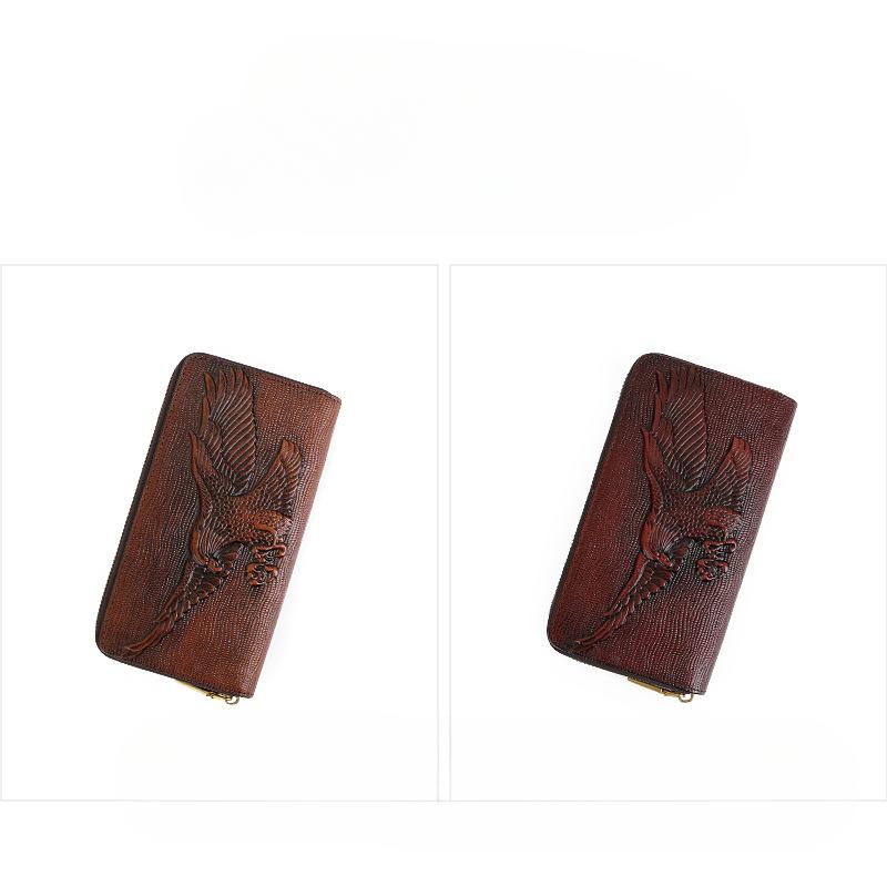 Wallet Men's Pure Cowhide Vintage Embossed Long Zipper Personality Clutch Bag Large Capacity Money Clip