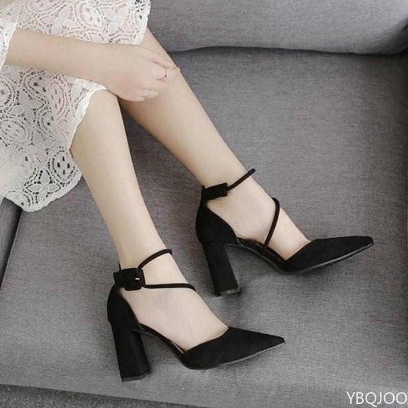2025 Black Sexy High Heels Niche Strap Women's Sandals Sharp Pointed Fashion Elegant Shoes Ladies Trendy Thick Heel Sandals