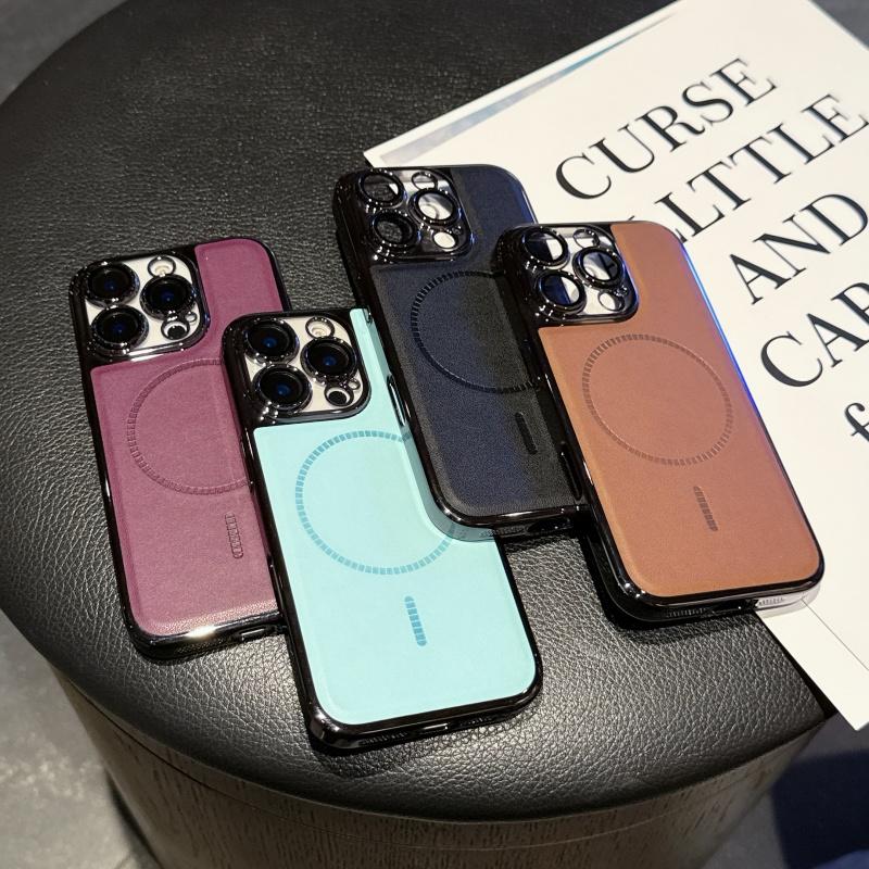 New Electroplating PU Leather Magnetic Phone Case for iPhone 13 14 15 16 Pro Max Plus With Glass Lens Film Shockproof Hard Cover