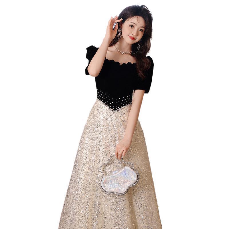 Black evening dress 1011 new light luxury niche French bar mitzvah student art test dress host dress