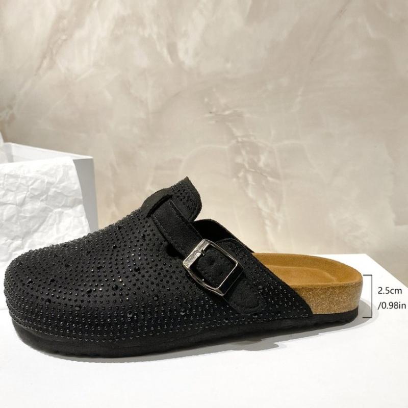 Fashion Shiny Rhinestones Outdoor Slippers Women's Shoes 2024 Summer Trend Luxury Platform Sandals Black Buckle Cork Clog Luxury Mules