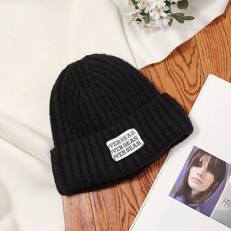 Simple Letter Patch Woolen Hat for Women in Autumn and Winter Thickened Warm Ear Protection Knitted Hat Large Head Circumference Pullover Cold Hat