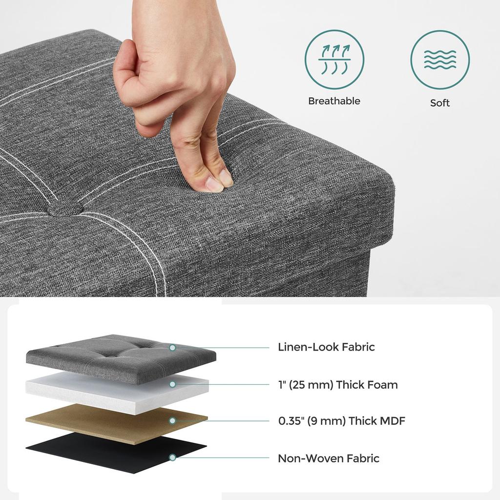 SONGMICS Storage Ottoman, Foldable Storage Chest, 110 x 38 x 38 cm, Faux Linen Footstool, Holds up to 300 kg, Bedroom Living Room Hallway, Dark Gray