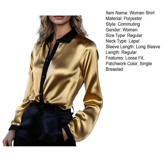Women Shirt Lapel Long Sleeve Satin Texture Breathable Shirt Patchwork Color Loose Fit Office Casual Tops