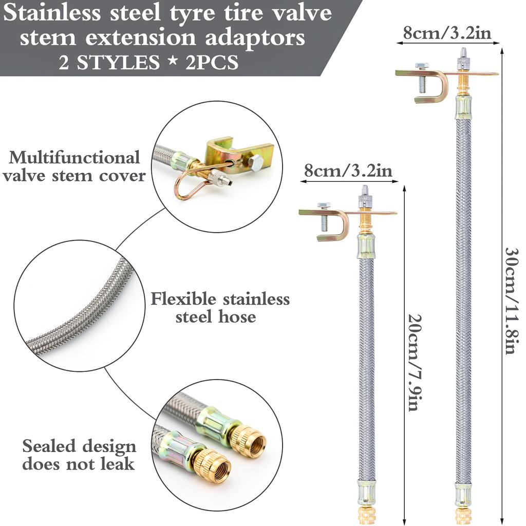 4Pc Valve Stem Extendsions 8/12 Inch Stainless Steel Braid Flexible 6Pc Schrader