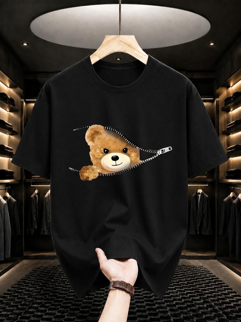 2026 New Cotton Tshirt Little Bear Peeking Out Of The Zipper Cute Print Round Neck Short Sleeve Casual Top