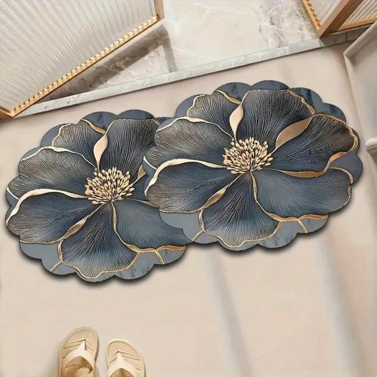 Scalloped Flower Rug Diatomaceous Earth Floor Mat Non-Slip Absorbent Bathroom Rug Floral Doormat for Home Kitchen Bedroom Entrance