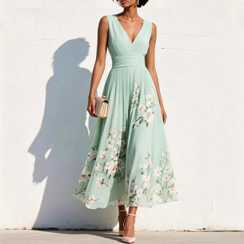 TikTok Women's Amazon Digital Printing Flower Long Sleeve V-Neck Pleated Dress Women's Long Dress