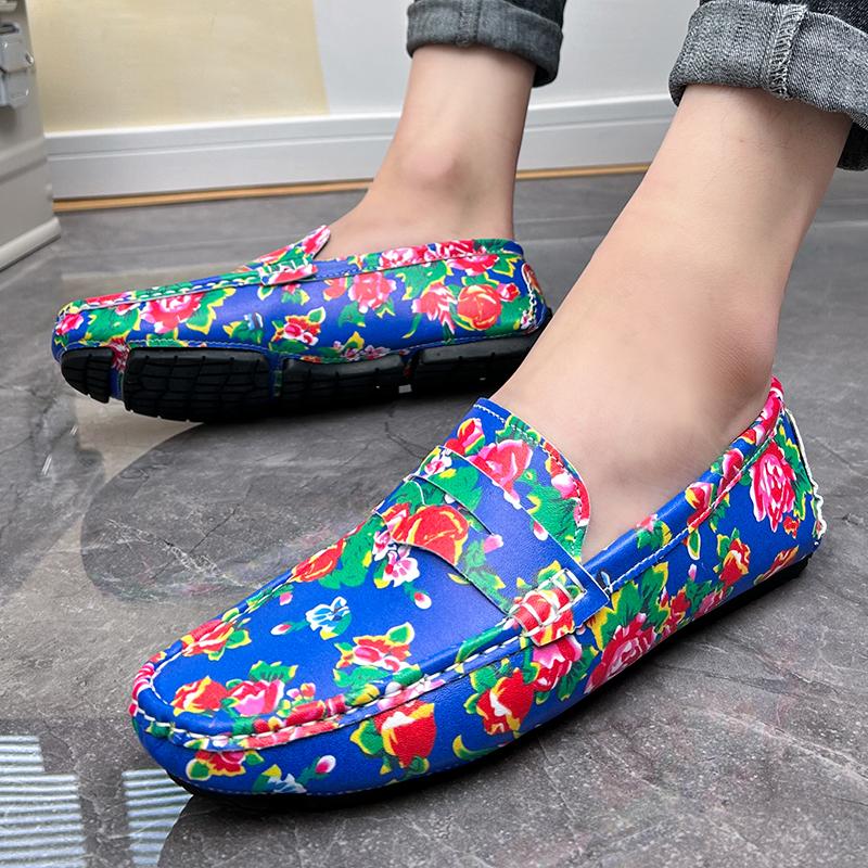 Men’s Moccasins Driving Shoes Comfort Leather Flats Casual Slip-ons Plus Size Flower Print Shoes for Men