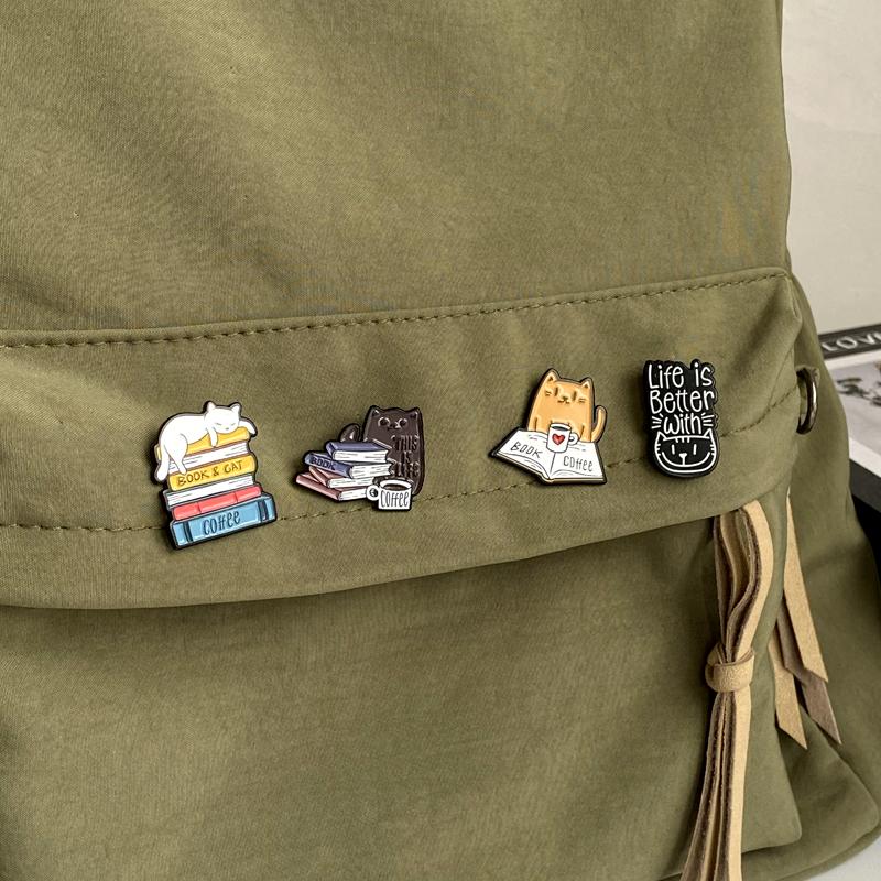 This Is Life Enamel Pins Custom Cats Books Coffee Brooches Lapel Badges Animal Pet Reading Jewelry Gift for Kids Friends