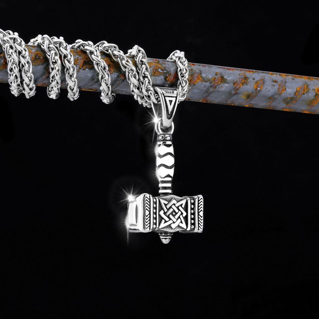 Vintage Thor Hammer Pendant Necklace for Men Stainless Steel Mjolnir Viking Jewelry with Celtics Knot Chain