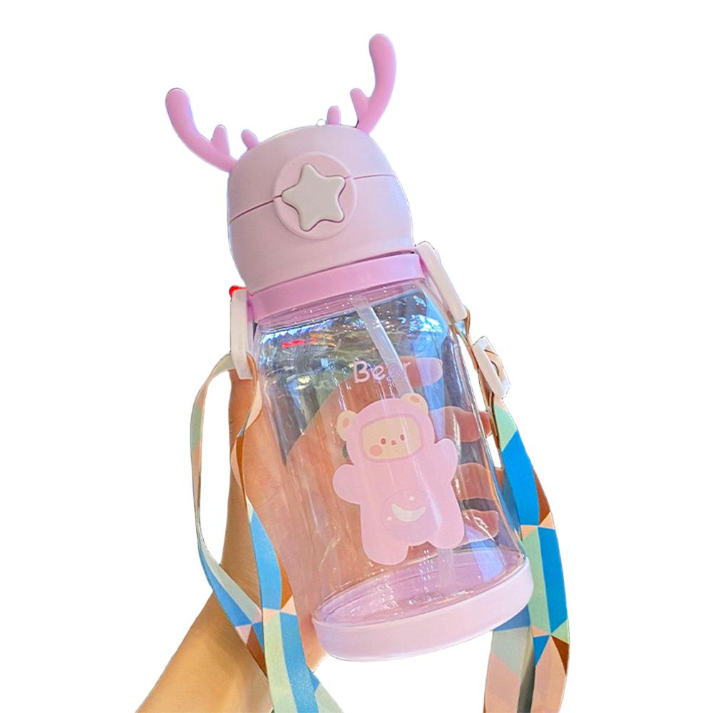 600ml Cartoon Water Bottle Children Net Red Plastic Antler Straw Water Cup Portable Polychrome Large Capacity Water Bottle Summe
