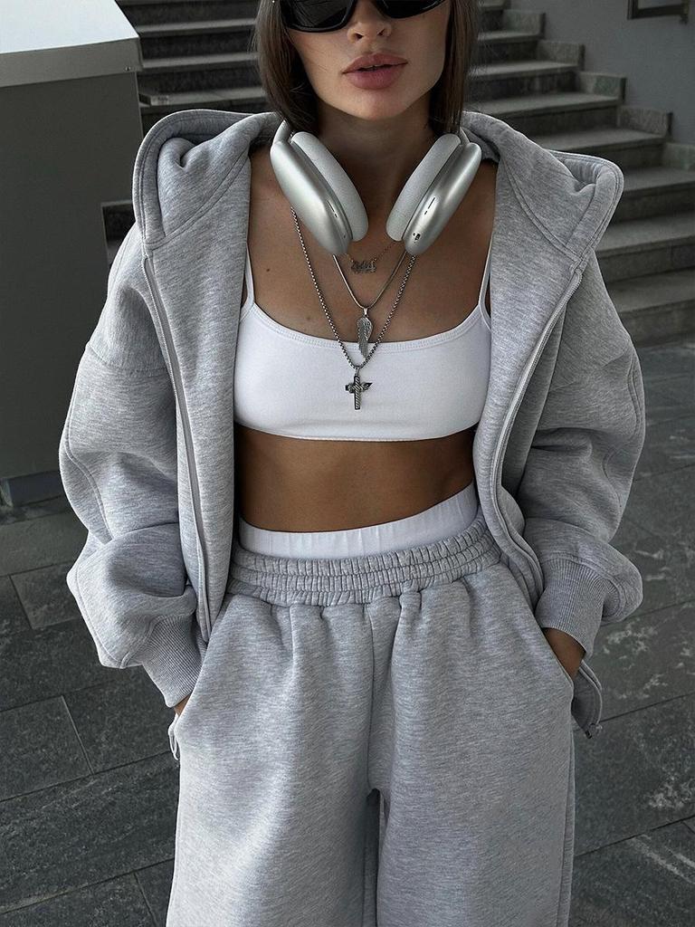 2025 Damen Einfarbiger Kapuzen-Cardigan und Jogger-Set - Europäischer & Amerikanischer Stil Zweiteiler