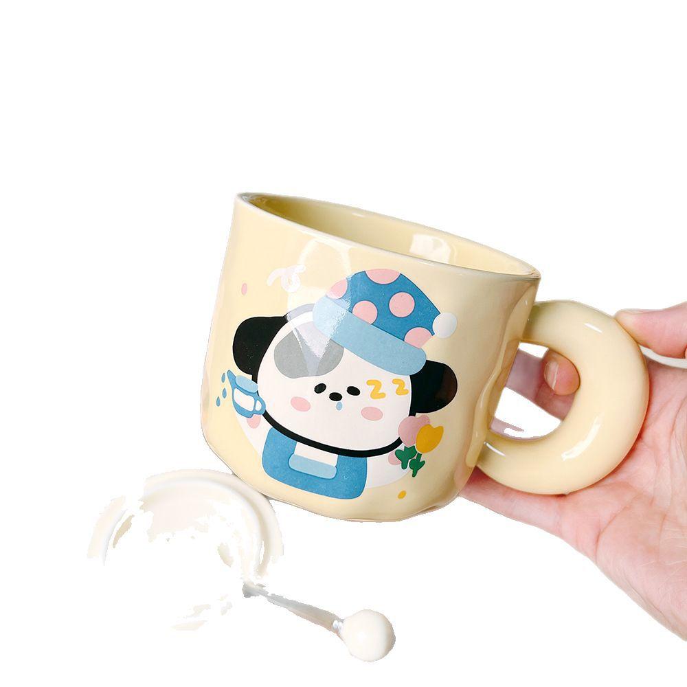 Cute Cartoon Puppy Couple Ceramic Cup Mug Water Cup Girls Boys Gift Souvenir with Cover Spoon
