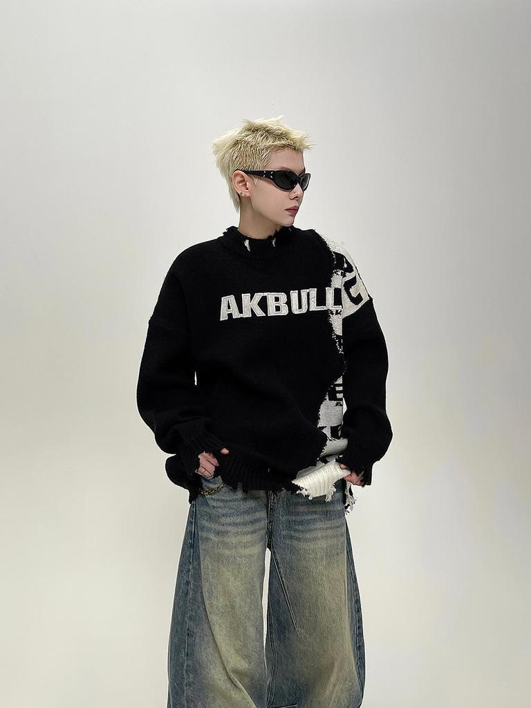 Unisex Color Block Distressed Knit Cardigan - Autumn/Winter Loose Fit Sweater
