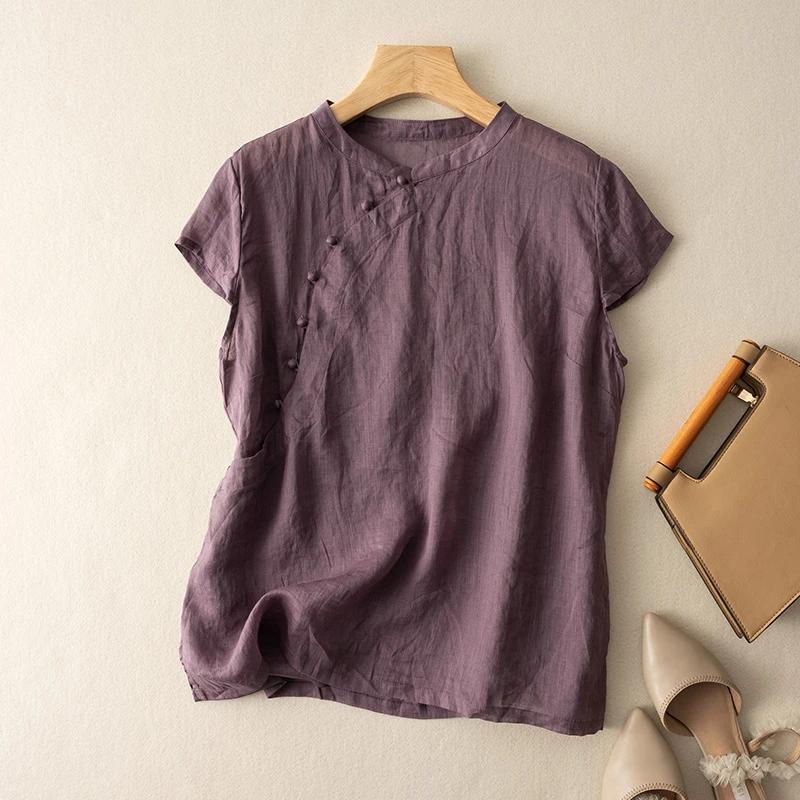 Women's Vintage Linen Cotton Short Sleeve Blouse - Diagonal Button Stand Collar Loose Fit Top for Summer