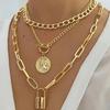 3-delige Gelaagde Ketting Set voor Vrouwen Vintage Elegant Verguld Reliëf Rond Creatief Slot Hanger Kettingen Mode Sieraden