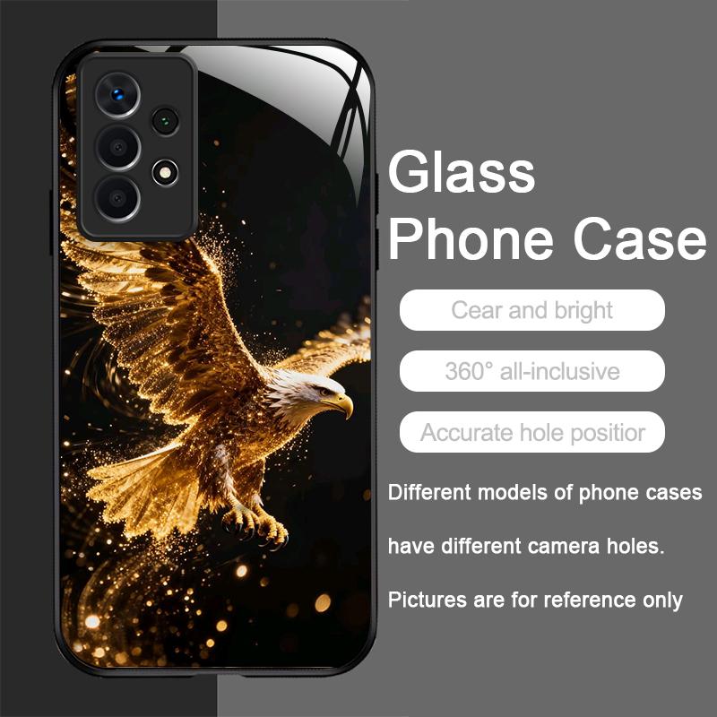 Elegante Funda de Cristal Templado con Diseño de Águila Dorada y Diamantes para Samsung Galaxy A56 A55 A54 A53 A52 A36 A14 A15 5G Cubierta Trasera