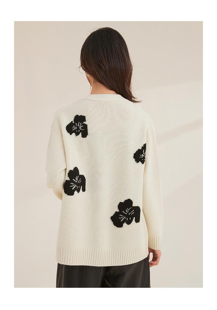 Retro Jacquard Cardigan Cotton Wool 100% Autumn/Winter V-neck Coat Versatile Women's Woolen Sweater for Daily Use