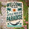 Vintage Metal Wall Decor Sign "Welcome To Our Little Piece of Paradise" -  Retro Aluminum Art with Rustic Finish for Outdoor,