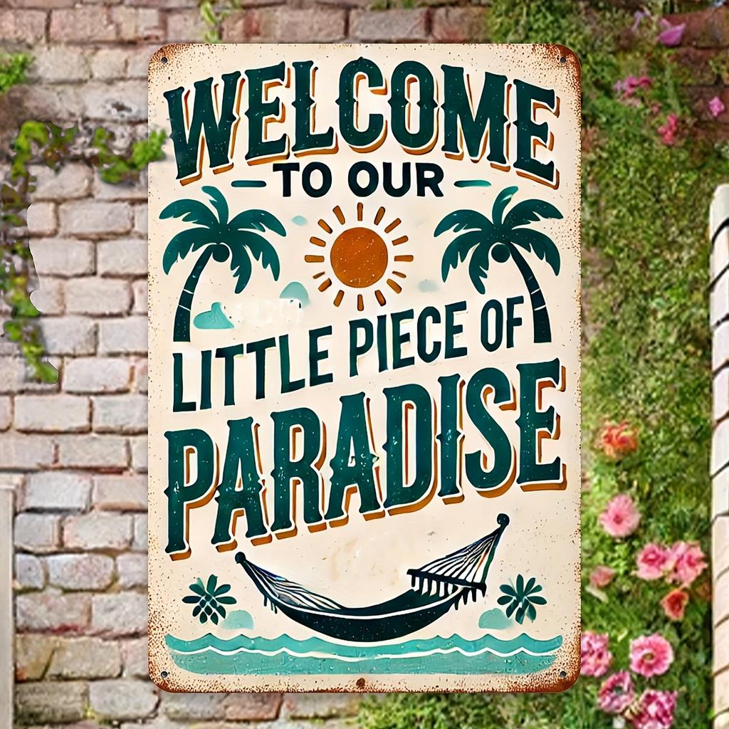 Segno Decorativo da Parete in Metallo Vintage "Benvenuti nel Nostro Piccolo Angolo di Paradiso" - Arte in Alluminio Retrò con Finitura Rustica per Esterno,