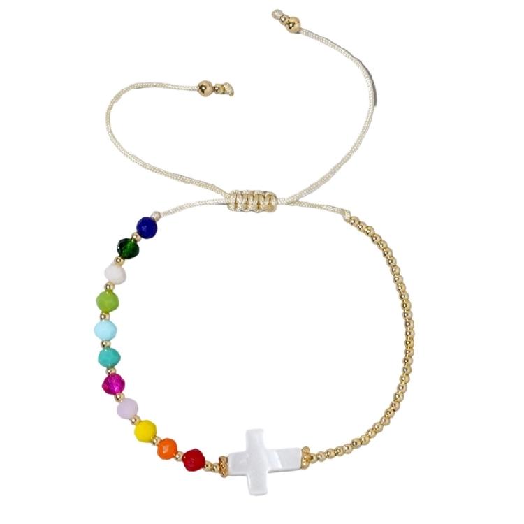 Crucifix Beaded Bracelet Bohemian Style Wristband Multicolor Crystal Beads Bangle For Women Casual Accessories