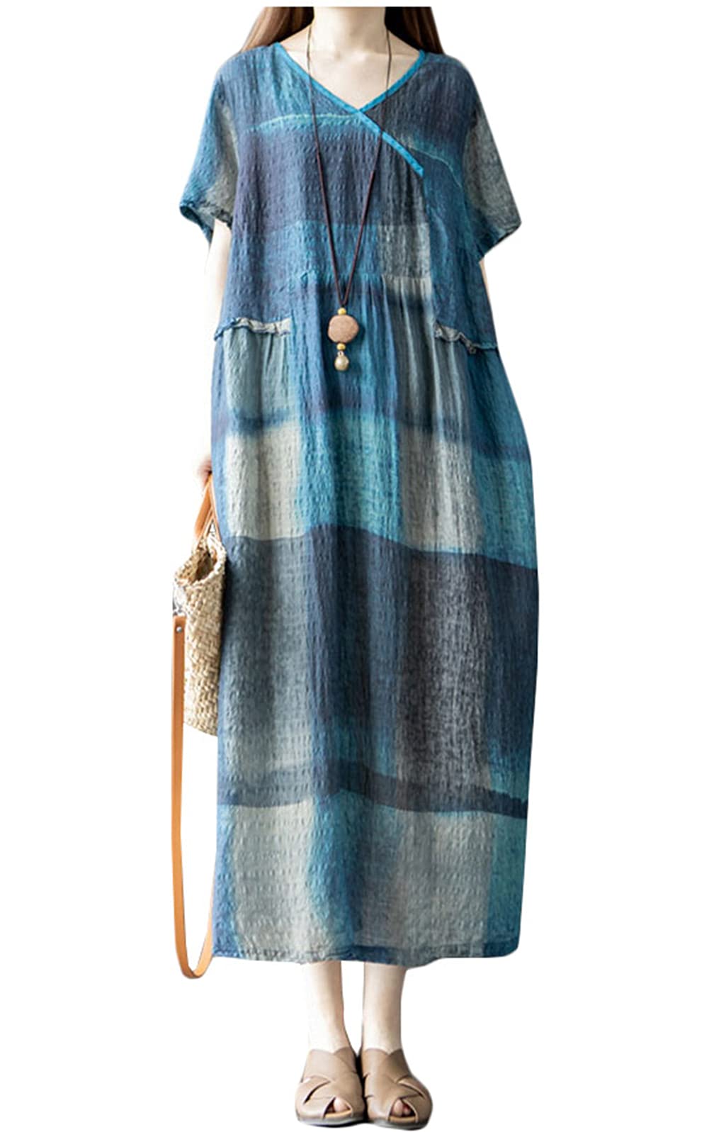 

AOLIPT Long Summer Checkered Long Short Loose Plus Natural Women s Dress, Cotton-Linen Dress, Length, Sleeves, V-Neck, Fit, Sizes, Slimming, (M Blue) синий