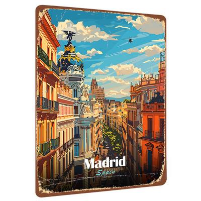 Madrid Stadtbild Vintage Metall Wandkunst Spanische Architektur Dekoratives Gemälde für Wohnzimmer Schlafzimmer