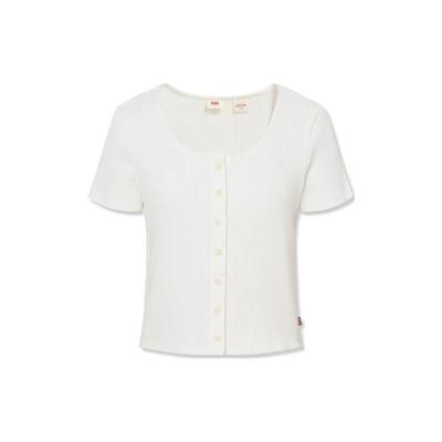 Camiseta de Tricô de Manga Curta Levis Cor Sólida Abotoamento Simples Tops Femininos Off-White A3389-0000