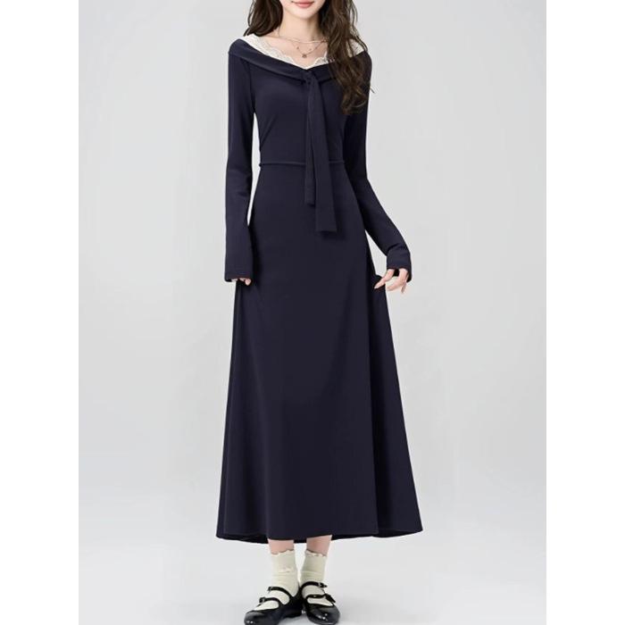 Women s French Lace V-Neck Long-Sleeve Belted A-Line Dress - Spring/Autumn 2026 Collection Large