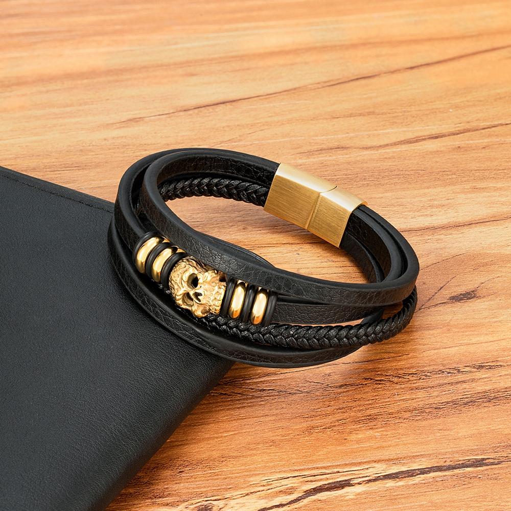 Fashion Men Bracelet Hand Homme Bracelets Woven Skull Hand Jewelry for Stainless Steel Magnet Clasp Leather Bangles Gift