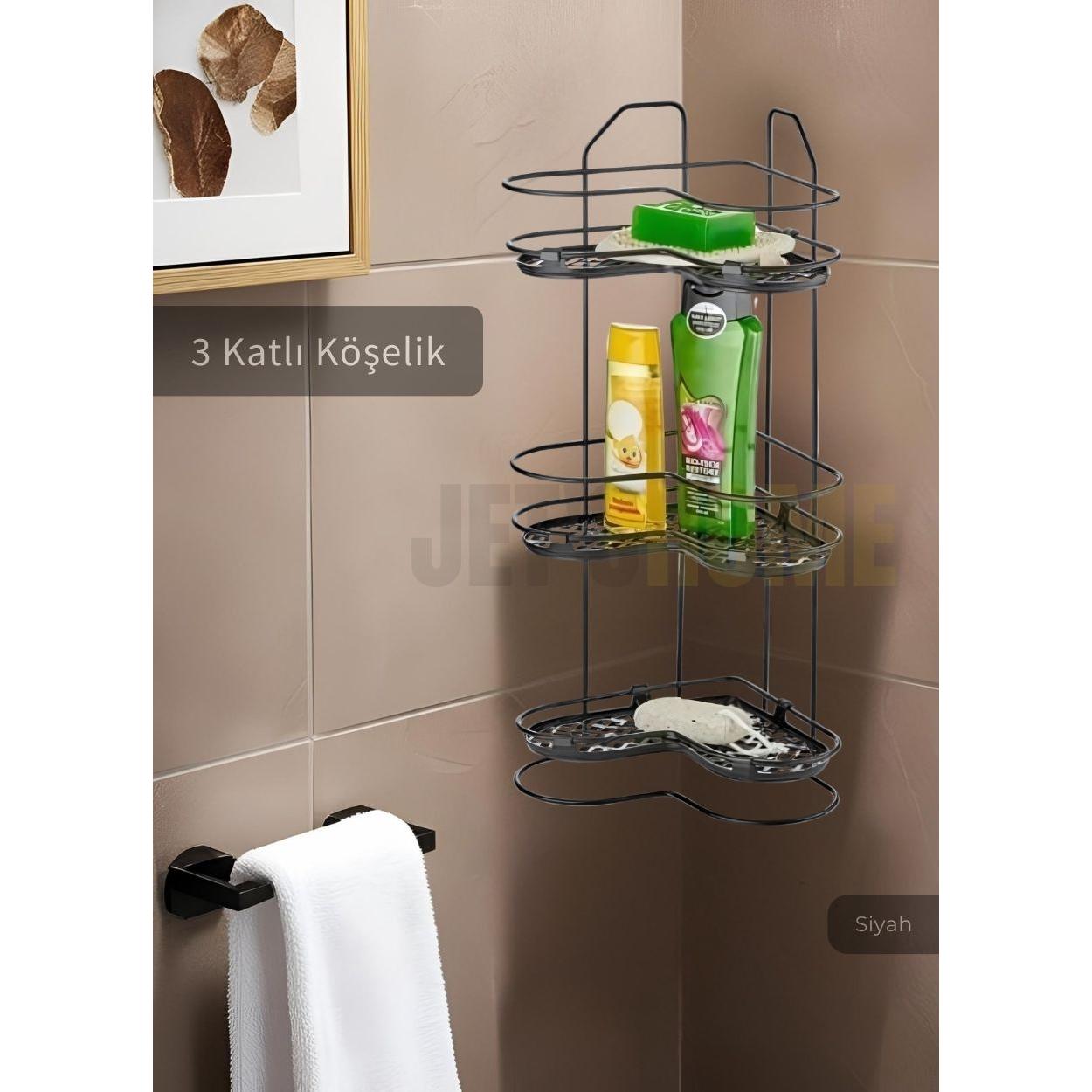 

Banyo Rafı Mutfak Rafı Paslanmaz Baharatlık 3 Katlı Köşelik Şampuanlık Siyah