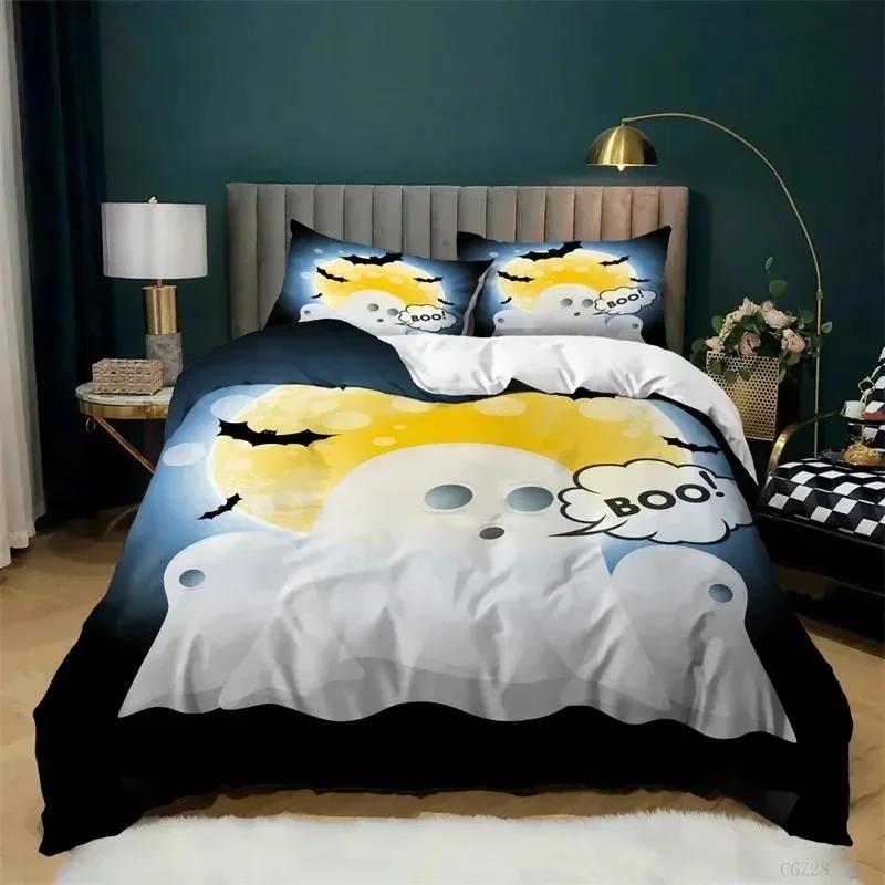 Cartoon Pumpkin Duvet Cover Gothic Halloween Skull Bedding Set Polyester Lantern Ghost Comforter Cover King For Boys Girls Decor