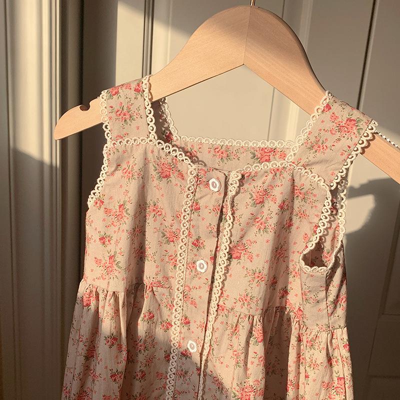 Girls Summer Vintage Lace Floral Sleeveless Dress Elegant Princess Party Dress Kids Clothing