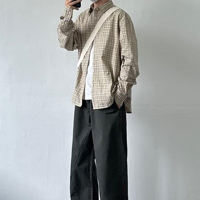 2024 Plaid Long Sleeve Shirt Japanese Hong Kong Style Ins Loose Shirt Boys Summer Trendy Versatile Casual Coat