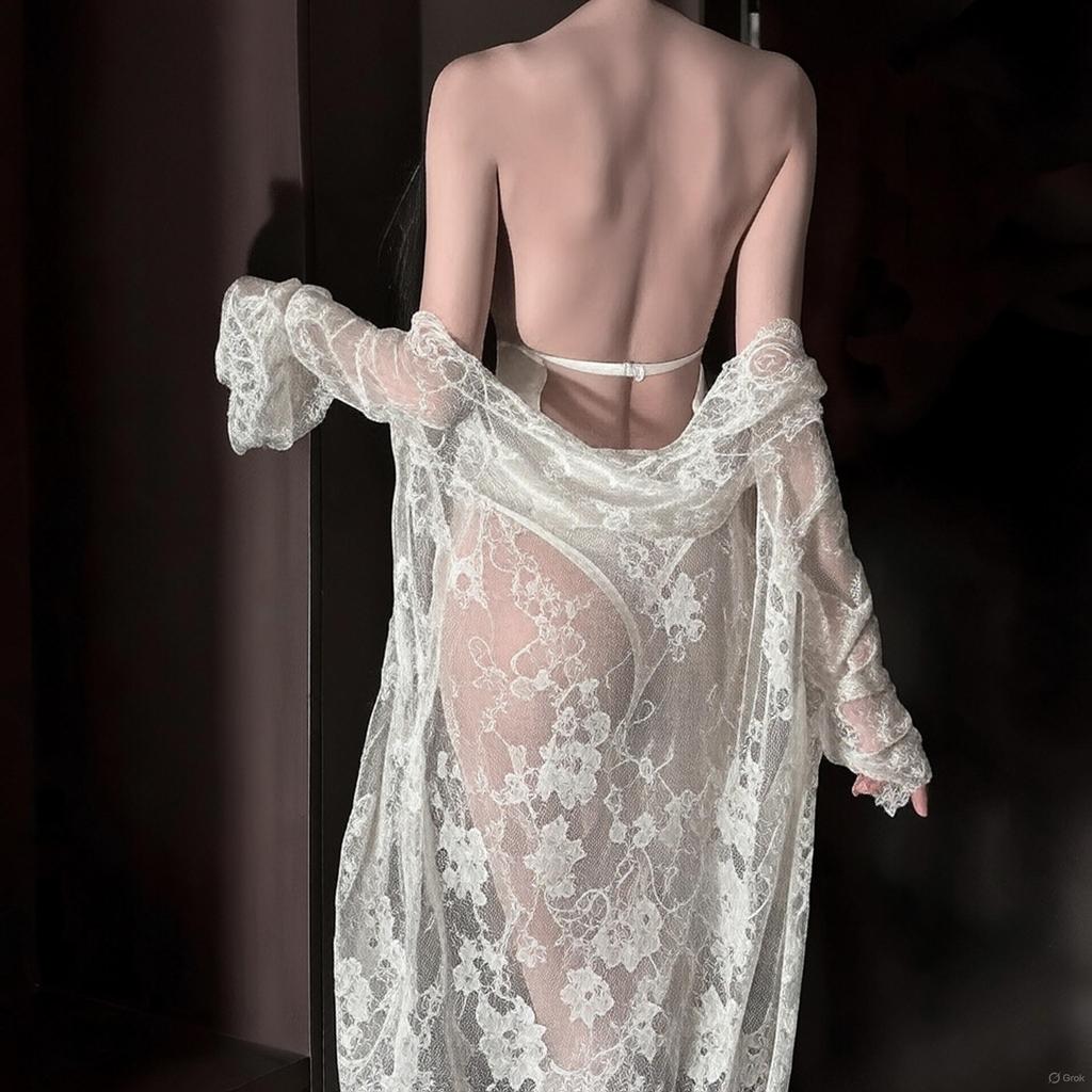 Erotic lingerie sexy see-through hot girl sex one-piece suit water soluble flower halterneck slim fit pure desire temptation nightdress set
