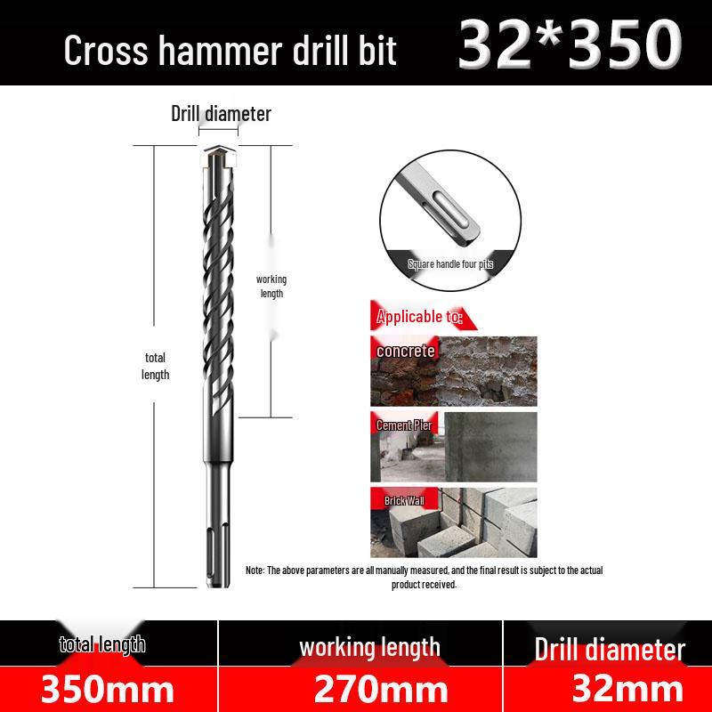 Four-Flute Extended Rotary Hammer Drill Bit for Concrete and Cement with Square Shank