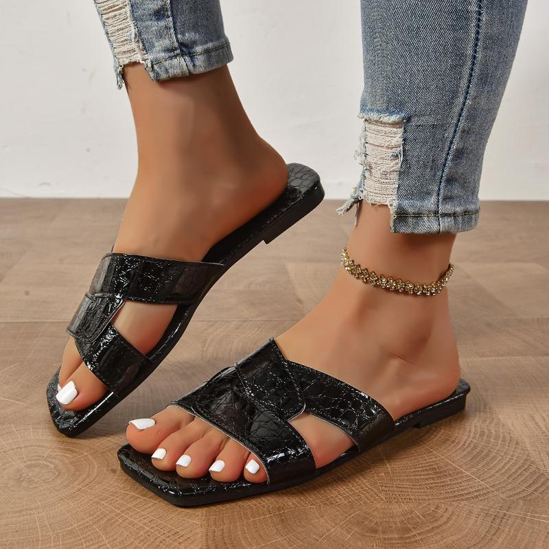 Fashion New Outside Wear Flat Cross Square Toe Slippers Women's Light Metal Texture Anti-slip Wear-resistant Beach Cool Mopping