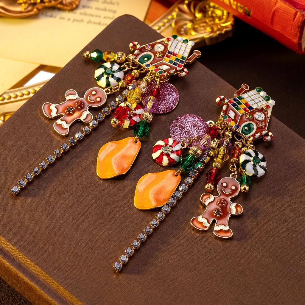 Medieval vintage dream candy hut gingerbread man christmas pendant earrings European and American enamel drop glaze earrings