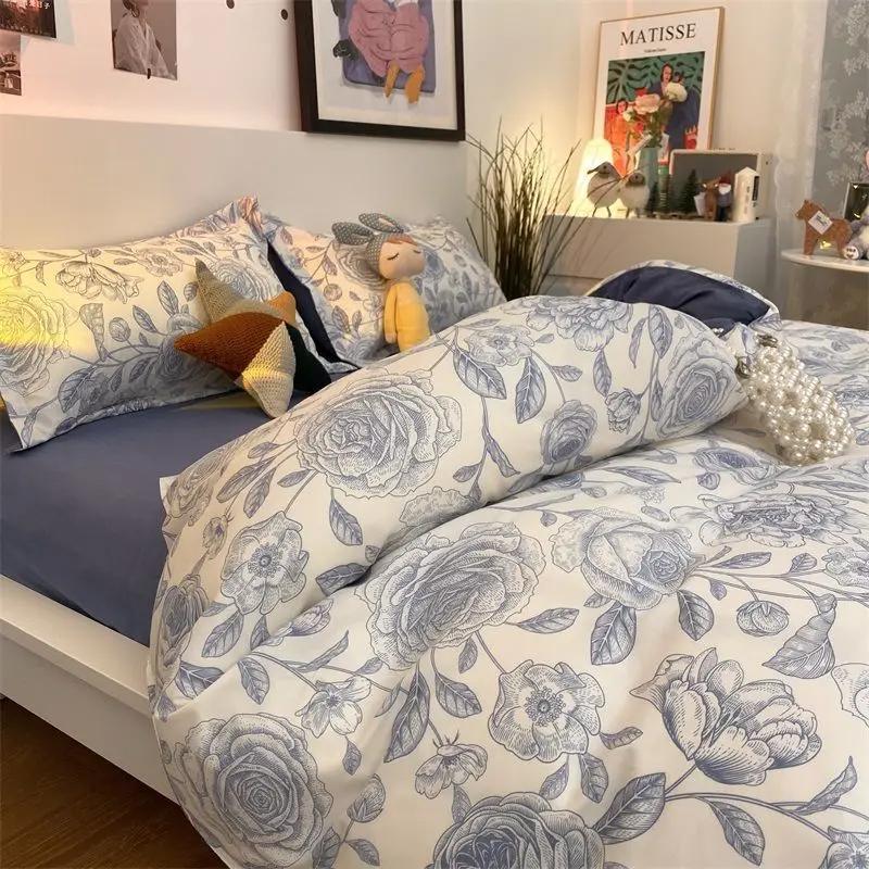 Kawaii Cherry Duvet Cover Set Pillowcase Flat Sheet Floral Boys Girls Twin Full Size Soft Bedding Kit Korean Ins Style Home Use