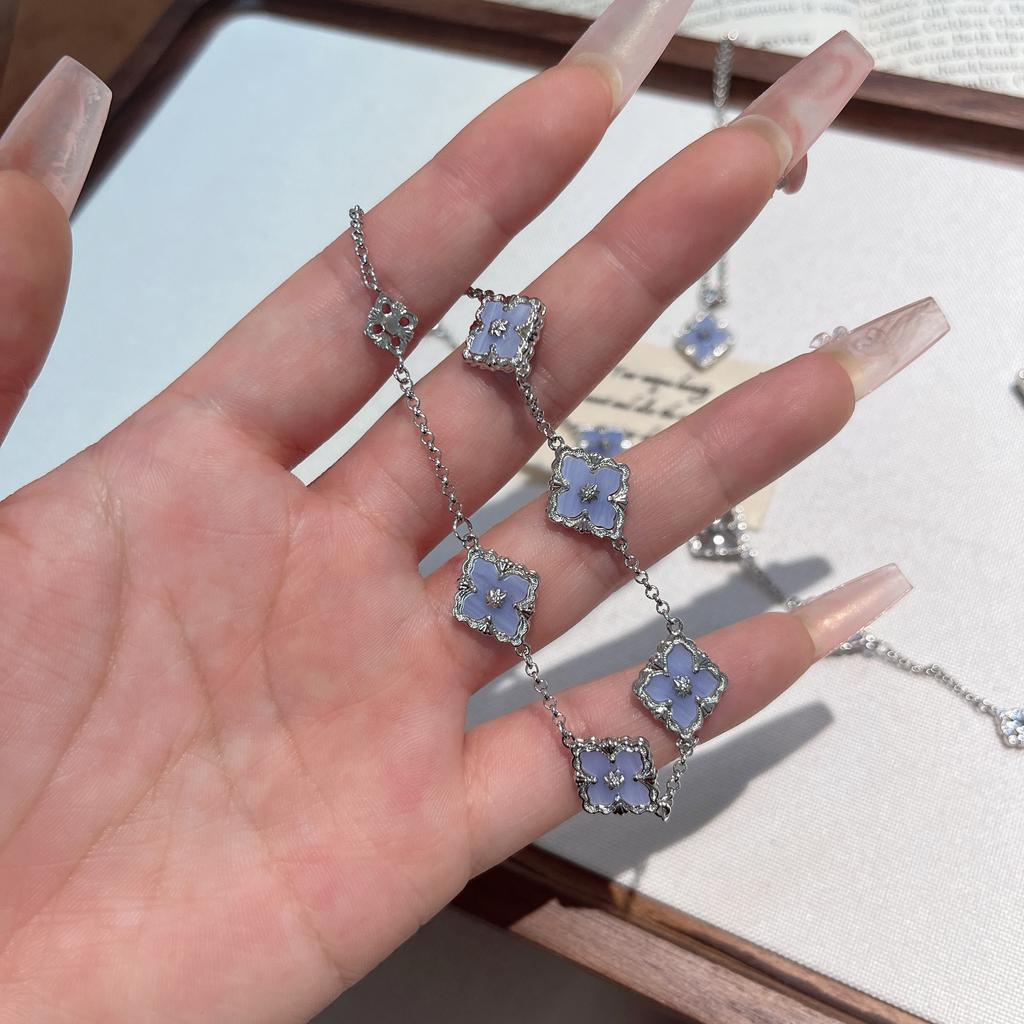 Butcher Brass Small Four-Leaf Clover Purple Chalcedony Pine Necklace Double-Sided Wear Old Money Light Luxury Premium Clavicle Chain