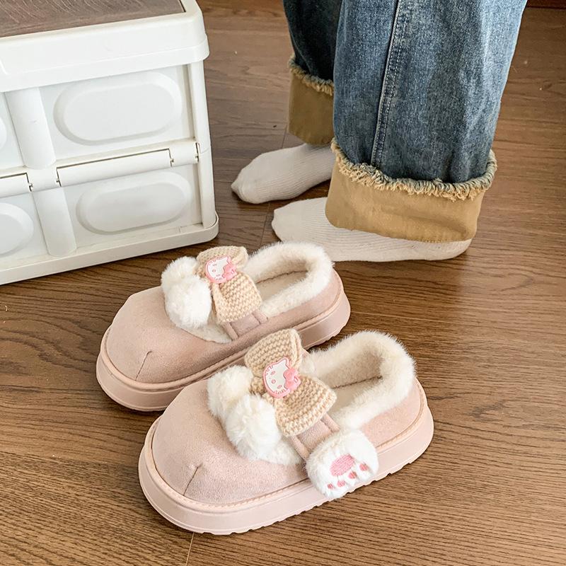 Women's Baotou plush slippers cartoon padded warm winter thick bottom heightened home slippers casual walking indoor shoes snow cotton slippers