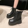 Black Height Increase Booties Spring Autumn Round Toe with Laces Ankle Boots for Women Goth Leather Platform Woman Short Shoes