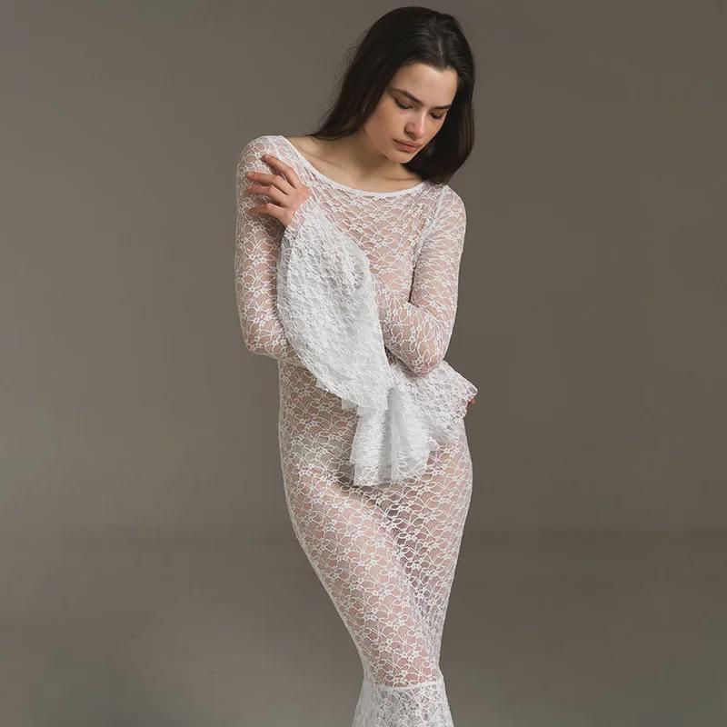 "Dámské letní krajkové šaty s rybím ocasem M24DS187 - Sexy, Průsvitné, Kulatý výstřih"