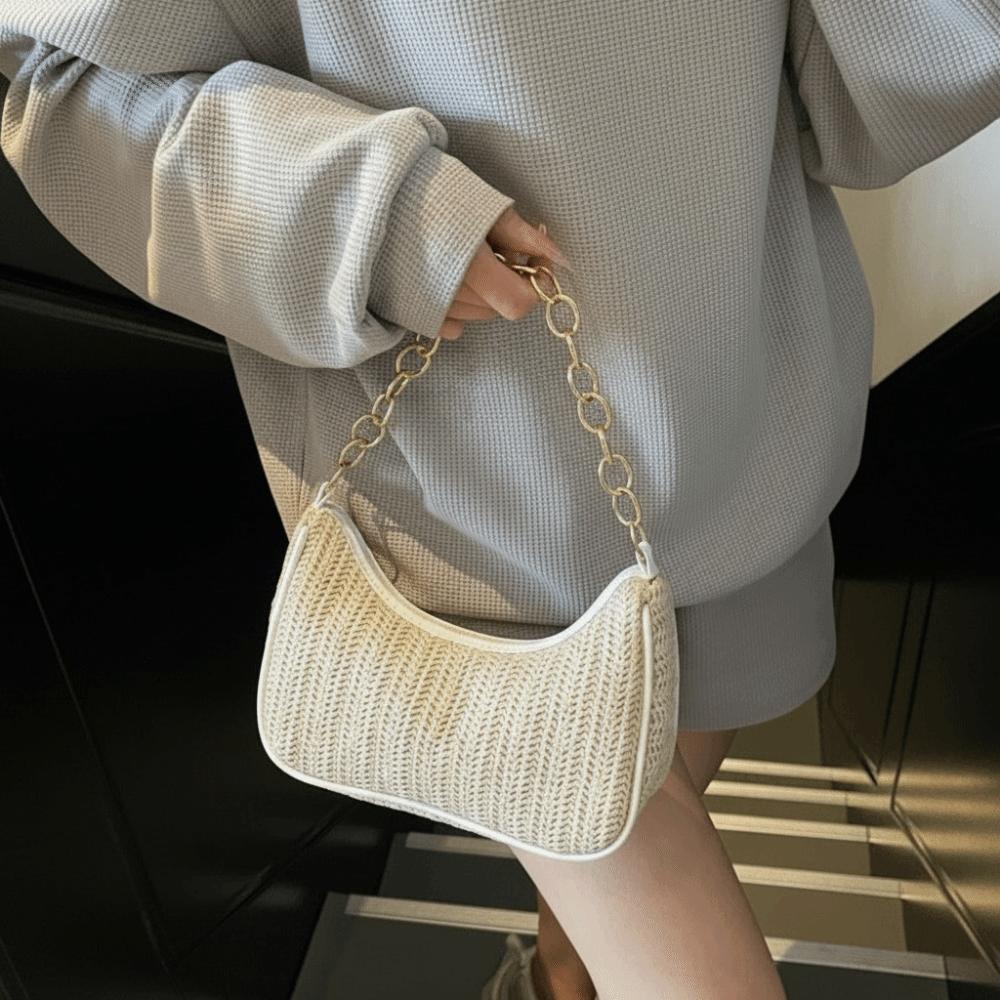 Square Weave Underarm Bag Zipper Clutch Bag Portable Beach Handbag Outdoor