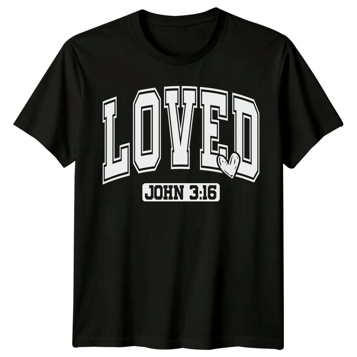 Loved John 3:16 Varsity Style Christian Faith Graphic T-Shirt L