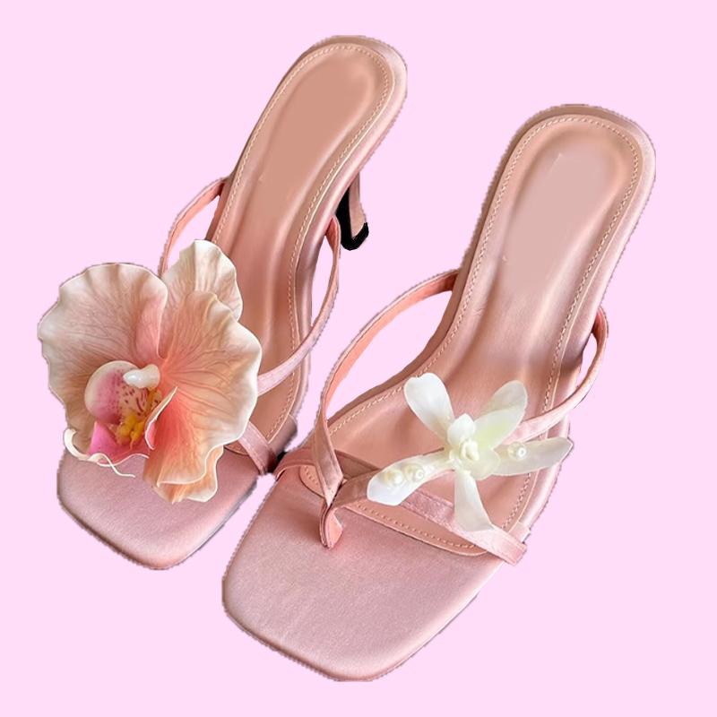 

Fashion Designer Flower High Heels Slippers Women s Heeled Sandals Women Shoes 2025 Summer New Clip Toe Flip Flops Dress Stilettos Pumps 40 розовый