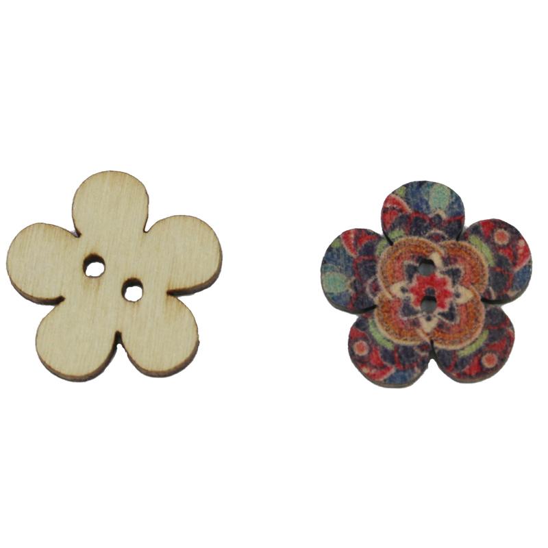 (50pcs/pack) 2cm 2-hole Plum Blossom Button Retro Wooden Button Sewing Accessories Color Printing Home Decoration
