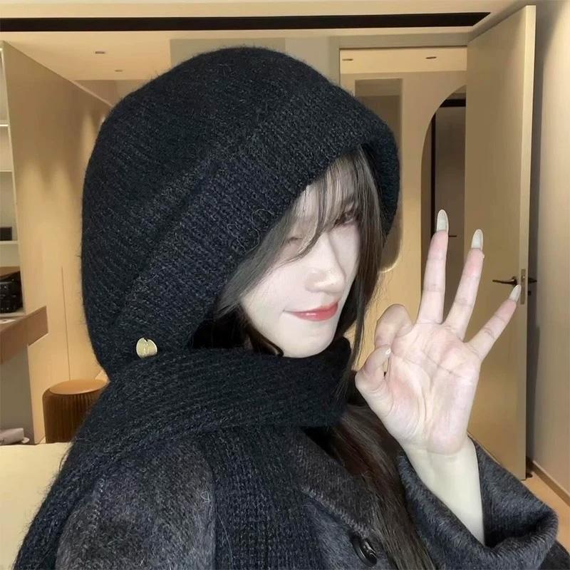 1Pc Solid Color Thicken Hat Cold Protection Integrated Keep Warm Shawl Buckled Knit