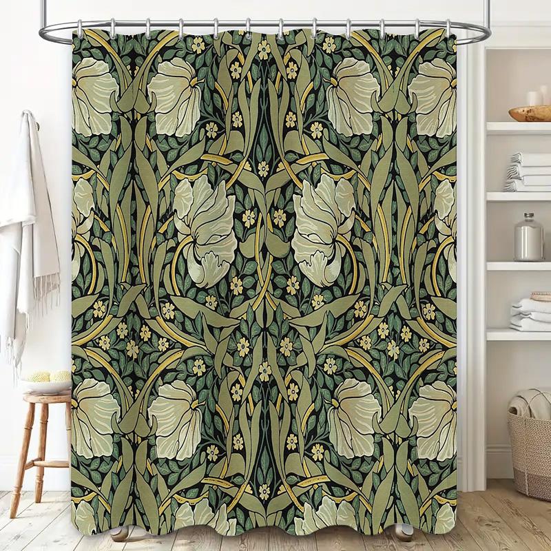 Floral Shower Curtain Botanical Green Nature Leafy Pattern Bathroom Decor Vintage Farmhouse Aesthetic Home Textile Wall Hanging